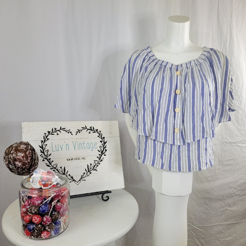 ee:some Ronan Off The Shoulder Flounce Top Blue White Striped Womens Large NWT